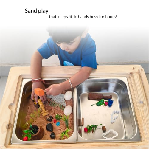 Image of Ariro Montessori Sensory Play Table for Toddlers with 2 Stainless Steel Bins - Flisat Wooden Messy Activity Table with Blackboard Lid for Water, Sand & Art Play - Ideal for Home, Children (Blue)