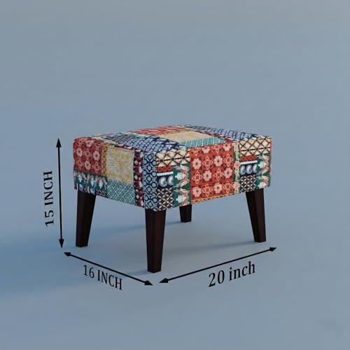 Image of WELL KNOWN Wooden Wing Chair with Ottoman Stool | Wingback for Living Room | High Density Foam | Accent Chair for Seating, Home Decor Furniture | (Marwadi Print, with Ottoman)