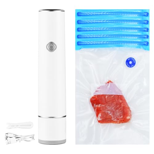 ROVXIEL Cordless Vacuum Sealer, Food Sealer Machine with 5 Vacuum Bags, Handheld & Portable for Food Storage,Ideal for Kitchen Food Preservation, 60kpa Strong Suction with 1200mAh Battery (White)