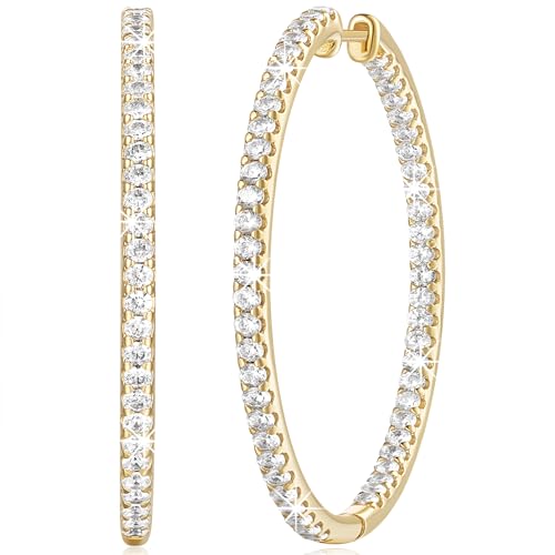 NICRET 14K Gold Hoop Earrings for Women Hoop Earrings Dual Diamond Hoops Earring Large Golden Hoops Earring 40 * 2mm (BX-Gold)