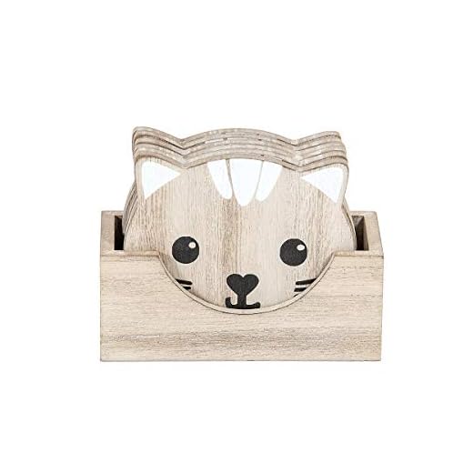 SPOTTED DOG GIFT COMPANY Dessous Verre en Bois Motif Chat pour Tasse Mug, Lot de 6 avec Boîte de Rangement, Chat Deco Cuisine et Maison Cadeau pour Femme et Hommes
