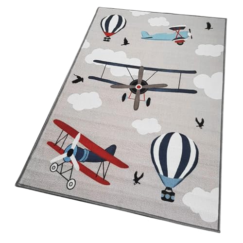 Image of Matz&More Kids Play Area Rug | 100x150 cm | Grey Blue Sky Adventure Design| Soft Nylon Loop Pile Carpet with Anti-Slip Backing | Children's Play, Bed & Classroom Floorings