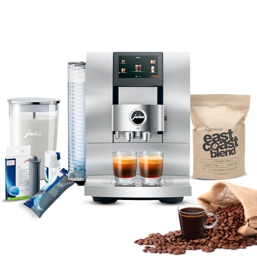 Jura Z10 Coffee Machine Aluminum White Bundle with Filter Cartridge Water Stabilizer, Milk System Cleaner Mini-Tabs, Cleaning Tablets, Milk Containers, and Blend Whole Bean Coffee (6 Items)