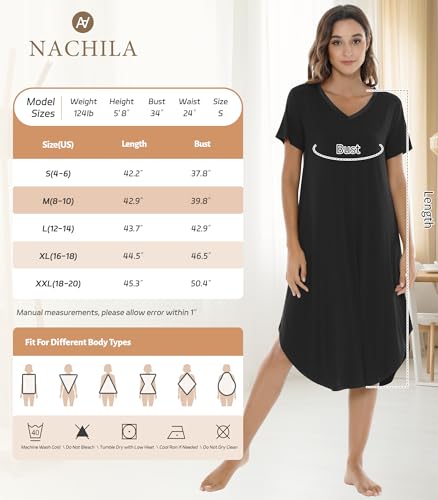 Image of NACHILA Nightgowns for Women-Viscose Made from Bamboo, V Neck Sleepshirts Short Sleeve Sleepwear Cool Nightshirt