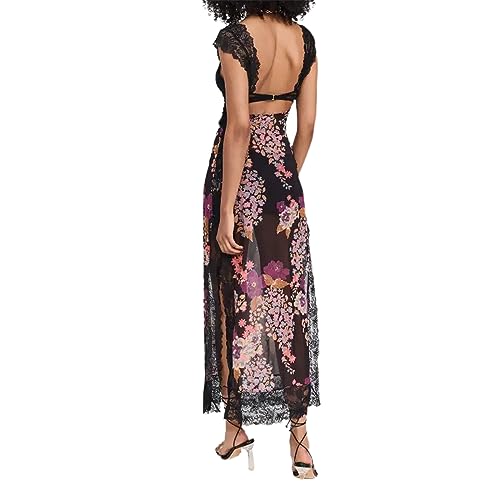 Image of Women Sexy Lace Patchwork Mesh Dress Floral Print Cutout Sweetheart Neck Backless Slit Summer Maxi Dress