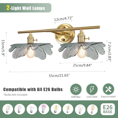 Image of gold vanity light mid century Modern Vanity Lights Fixtures 2 light bathroom sconce with Dark Green Glass Shade gold Wall Sconce Light Bathroom Lights Over Mirror for Bedroom Hallway Living Room