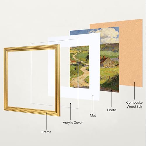 Image of eletecpro 12x12 Gold Picture Frames Set of 4, Vintage Photo Frames with Clear Acrylic Cover, Gallery Wall Art Display 8x8 Photo with Mat or 12x12 without Mat for Tabletop and Wall Mount, Home Decor