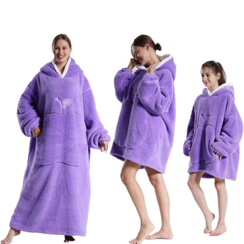 Winter Warm Flannel Apple Emobrodery TV Blankets Pink Christmas Pajamas Family Matching Clothes Hooded Oversized Sweatshirts (Purple,length-140cm)