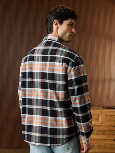 Image of The Souled Store Plaid Shirt: Mystic Jade Men and Boys Long Sleeve Spread Collar Black Plaid Cotton Lightweight Easy to Style Everyday Office Wear Relaxed Shirt