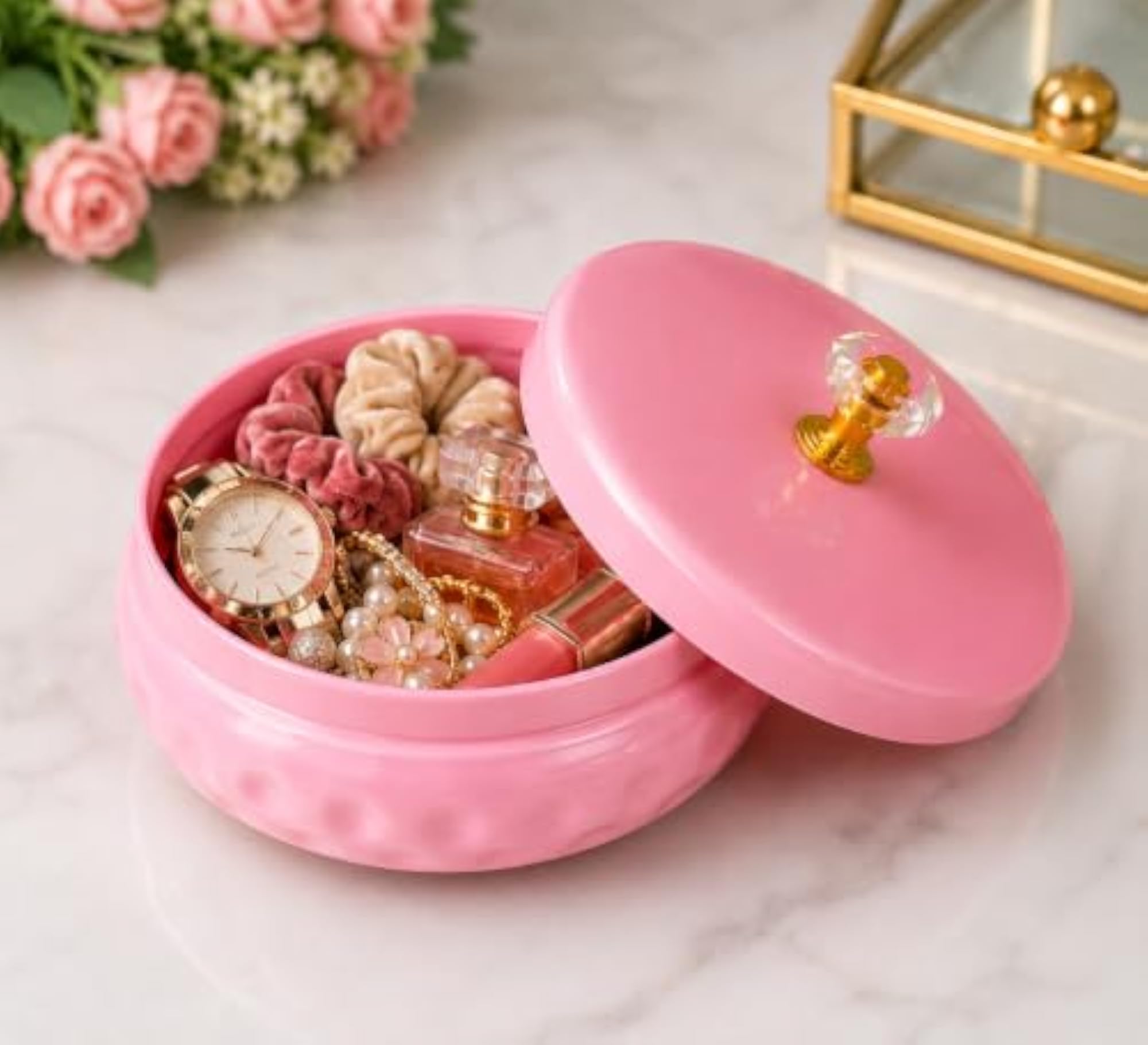 Pink Decorative Metal Jar with Crystal Knob Lid, 4 Inch