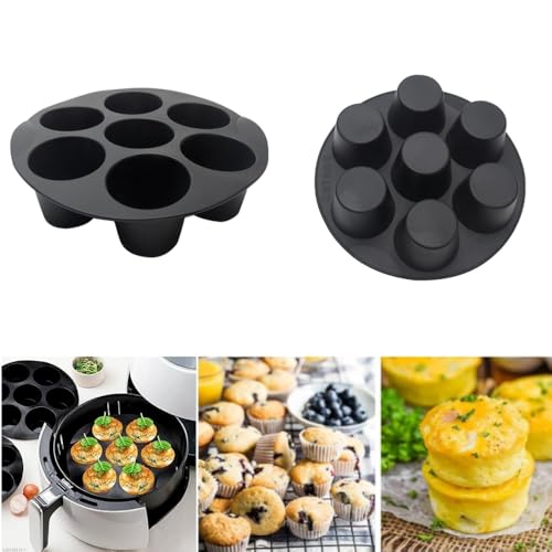 2 Pack 7 Cups Silicone Muffin Pan for 3.5-5.8L Air Fryer, Nonstick Muffin Trays Round Cupcake Baking Mold for Home DIY Making Egg Bite Mini Quiche Muffins Cakes Tart(COLOR:Black - 18 cm/7 inch)