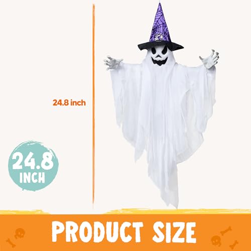 JOYIN 3 Pack 24.8" Halloween Hanging Ghost Decorations, Halloween White Flying Ghost with Hats for Haunted House Graveyard Scene, Spooky Indoor and Outdoor Decor4