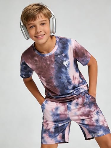 Image of Kid Toddler Baby Boys Clothes Tie-dye Palm Leaf Top 2Pcs Summer Shorts Set