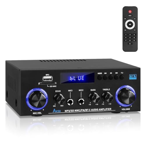 AK50 Amplificateur Hi-Fi avec Bluetooth RMS 60WX2 Amplificateur audio stéréo Récepteur 2.0 Canal Max 400 W Sortie Mini amplificateur de haut-parleur w/FM Radio Echo, Micro, USB, entrée SD pour la