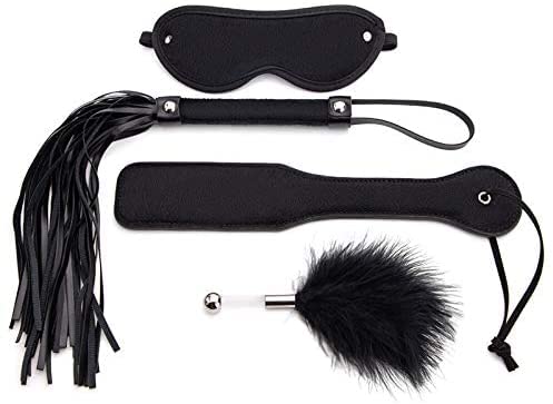 Kit deportivo de cuero para entrenamiento de caballos Hand Pat Beat Riding Crop Whip Venda de ojos Pluma Cosquillas Herramienta de castigo para su juego de 4 piezas