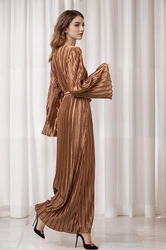 Image of Pluto & Fox Women's Crew Neck Plisse Maxi Dress Long Sleevele Flared Cuffs Belted Pleated Party Cocktail Wedding Guest Dress