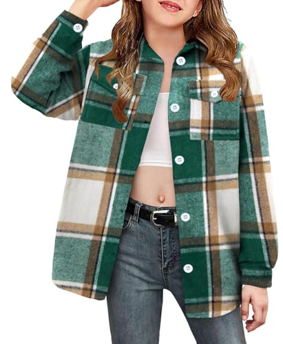 Girls Flannel Plaid Jacket Western Shirt with Pockets Button Down Top Kids Long Sleeve Collared Blouses for 4-12 Y