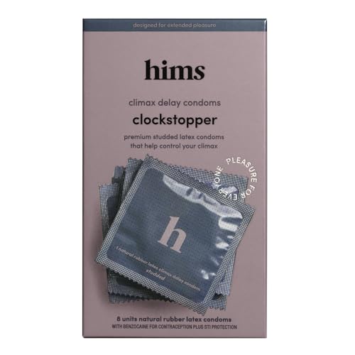 HIMS Clockstopper Climax Delay Condoms - Benzocaine 4.5% Desensitizing Lubricant - Textured Fragrance-Free Latex Condoms for Men - Comfortable Fit - Individually Packaged 8 Count