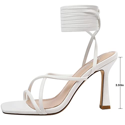 Image of Mostrin Womens Sandals Strappy Heels for Women Lace Up Square Open Toe Heels Tie Up High Heeled Sandals for Prom, Party, Daily Wear