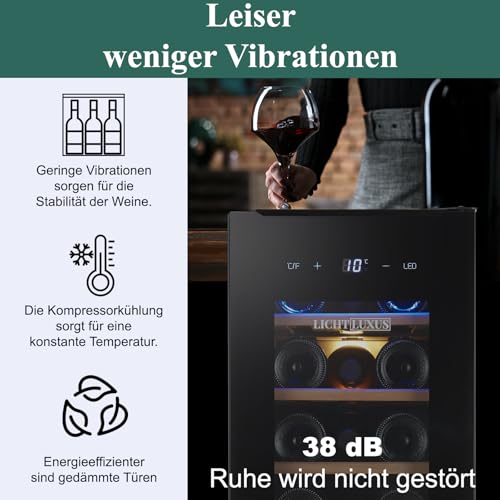 LichtLuxus Weinkühlschrank klein Einbaugerät 1 Zone für 20 Flaschen, Weinschrank mit Kühlung 5–20 °C, leise 37 dB, Touch-Steuerung, Glastür, energieeffizient, Schwarz, 29.5×57.5×82 cm
