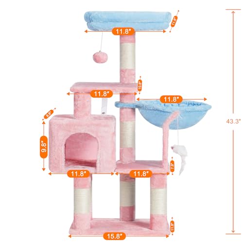 Image of Heybly Cat Tree with Toy, 43.3 inch Cat Tower condo for Indoor Cats, Cat House with Padded Plush Perch, Cozy Hammock and Sisal Scratching Posts, Blue and Pink HCT004SBP