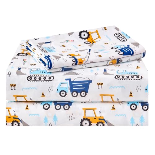 lasoftan Kids Sheet Set Full Size, Boys Full Sheet Set with White Car Pattern，Breathable Silky Soft Microfiber Kids Fitted Sheet