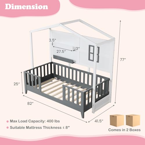 Giantextwinhousebedsolidwoodmontessoribedframewith2storageshelvesfencehouseroofwoodslatsupportlowtwinbedframeforkidsteensgirlsboysnoboxspringneededwhitegrey  Urban Country Home Decor Giantex twin house bed solid wood montessori bed frame with 2 storage shelves fence house roof wood slat support low twin bed frame for kids teens girls boys no box spring needed white grey  urban country home decor