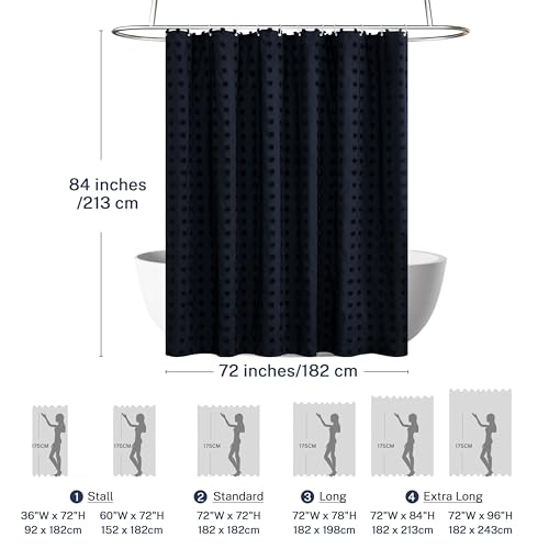 Siiluminisoy Extra Long Boho Shower Curtain Woven Fabric 84 Inch Navy Blue Shower Curtain, 72 x 84 Tufted Pleat Floral Puffs Textured Modern Minimalist Shower Curtain Set with Hooks for Bathroom by Siiluminisoy - Image 4