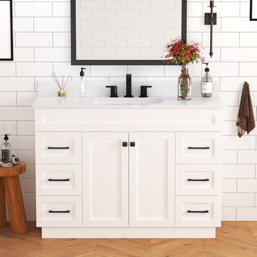 Higorl 48 Inch Bathroom Vanity with Engineered Stone Countertop & Ceramic Sink, Freestanding Bathroom Storage Cabinet with 2 Soft-Close Doors & 6 Full-Extension Drawers, Quick Assembly, White