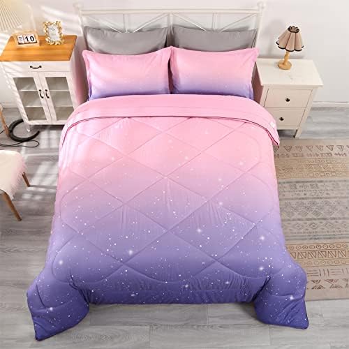 Wowelife Galaxy Bedding Queen, Queen Size Comforter Sets for Teen Girls Pink Purple, Boys and Adults, Premium 5-Piece Space Glitter Comforter Set, Comfortable and Soft