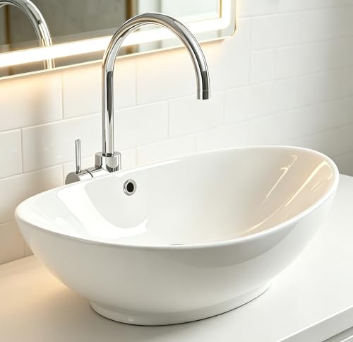 NUESTRA VIDA Premium Lavabo Ovale avec Trop-Plein, Lave Mains Évier Vasque à Poser 58,5 × 38,5 × 19,5 cm en Céramique Blanc, Pour Salle De Bain, Haute...