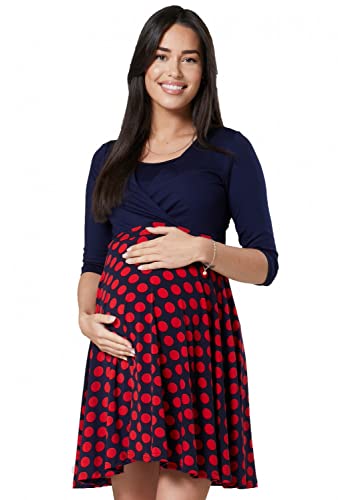 HAPPY MAMA. Para Mujer Mini Vestido Skater premamá y de Lactancia. 603p (Azul Marino con Grandes Puntos Rojos, 40, L)