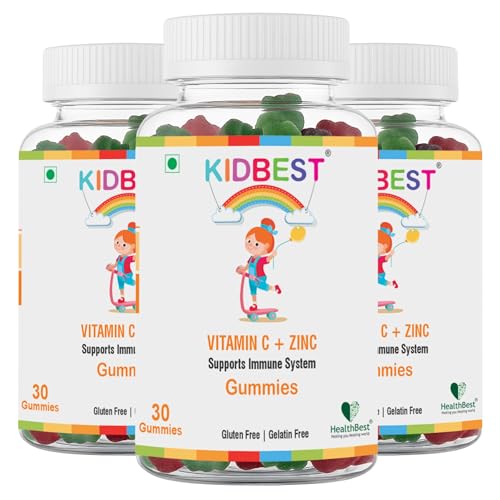 Image of HealthBest Vitamin C + Zinc Gummies for 3-13 Years Kids Increase School Growth Stamina & Energy Antioxidants 30 Gummies (Pack of 3)