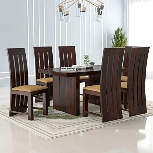 Image of Sheesham Wooden Dining Table 6 Seater Dining Set for Home & Restraunts | Solid Wooden Dining Table with 6 Chairs | Solid Wood Six Seater Dining Set (P Walnut Finish)