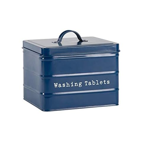 Harbour Housewares Vintage Metal Washing Tablets Storage Tin - Utility Storage Canister - 18cm - Blue Cover