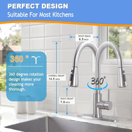 Hotis Home KYT010L-D Hotis Kitchen Faucet With Pull Down Spray, High Arc Commercial Brushed Nickel Kitchen Sink Faucets thumb #3