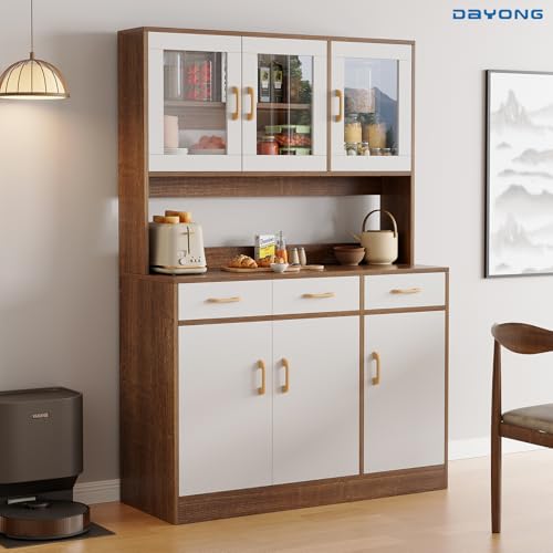 DAYONG Multifunctional Dining Side Cabinet, Kitchen Storage Cabinet with Glass Doors, Pantry Cabinet with Storage Hutch and Drawers, Sideboard Buffet Cabinet for Home, Dining Room