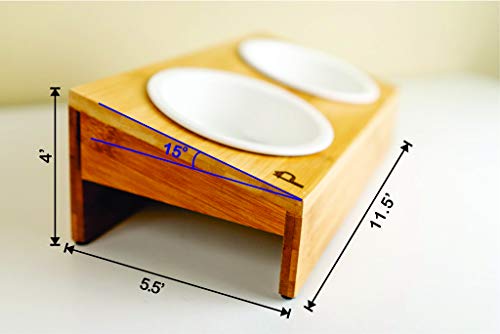 Elevated Bamboo Pet Table With Ceramic Bowls Raised Anti-Slip Tilted Station For Cats Dogs Food/Drink Water-Resistant Surface Clean Feeding And Good Digestion For Pets By Pawmosa (Fish And Bone) #TOP5