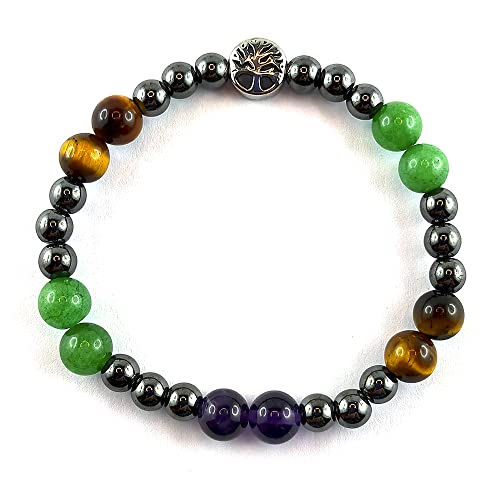 Bracelet sans fermoir, avec perles en pierre d'hématite alternées avec autres pierres de couleur: améthyste, oeil de tigre et aventurine verte Cover