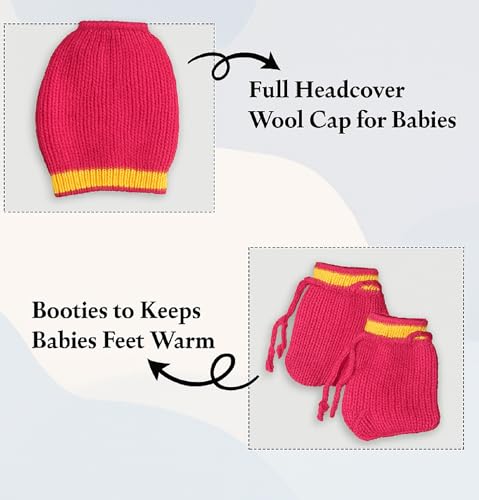Image of Baby Unisex New Born Baby Boys Girls Soft Comfortable Trendy Woolen Round Neck Stripe Sweater Set with Payjami, Cap and Pair of Booties for Toddlers