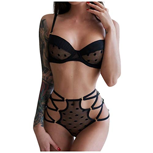 Atezch_ Women Plus Size Lace Lingerie Bra+Thong Underwear Set Black Sleepwear Sexy Hollow Nightwear Pajamas Set (Black, XXL)