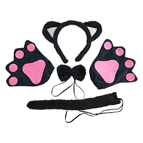 TSHAOUN Conjunto de Cosplay de Gato, Disfraz de Gato Accesorios Guantes de Garra de Felpa Orejas de Gatito de Gato Collar Cola de gato para Adultos Halloween Fiesta Cumpleaños Cosplay (Negro)