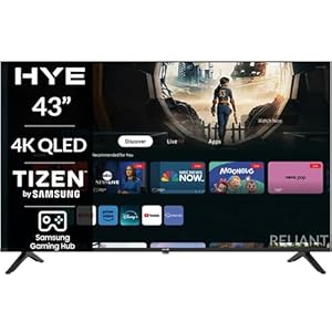 HYE 43 Inch TV QLED UHD Smart Television with Frameless Design, Bluetooth TV with Voice Control, Freeview, Wi-Fi, HDMI & USB Ports, Gaming Hub – 43QLEDS2008E