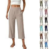 Pantacourt Femme Été en Coton et Lin Pantalon 3/4 Fluide Taille Haute Élastique Ample Léger Respirant Capri Pantalon Yoga Chic et Élégant Jambe Large Confortable Pant Palazzo pour Plage Pilattes