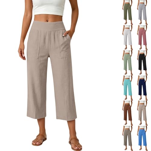 Pantacourt Femme Été en Coton et Lin Pantalon 3/4 Fluide Taille Haute Élastique Ample Léger Respirant Capri Pantalon Yoga Chic et Élégant Jambe Large Confortable Pant Palazzo pour Plage Pilattes