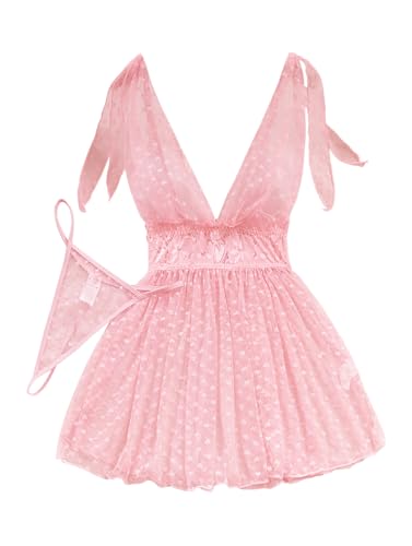 Image of Lilosy Sexy Polka Dots Mesh Sheer Lace Babydoll Chemise Lingerie Set Floral Sleep Wear