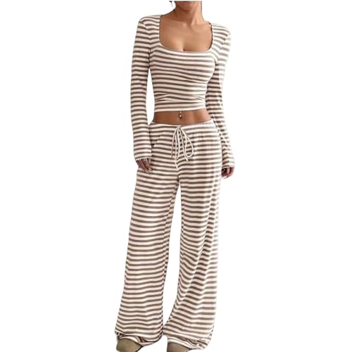 Womens 2 Piece Outfits Striped Long Sleeve Square Neck Cropped Top Drawstring Wide Leg Pants Lounge Sets Sweatsuits