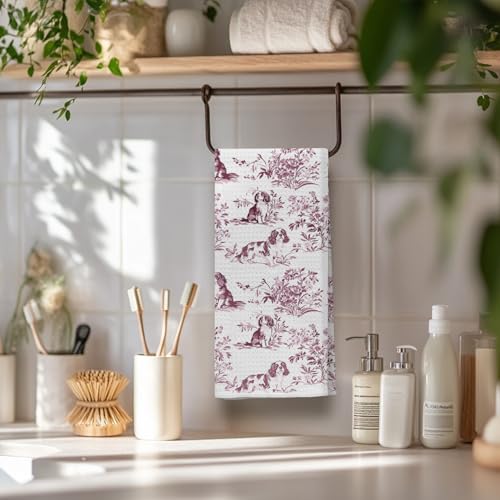 Image of Chinoiserie Cavalier King Charles Spaniel Kitchen Towels, King Charles Cavalier Gifts Dish Tea Towels for Kitchen, Grandmillennial Toile de Jouy Dog Hand Towels for Bathroom, 16x24 Inch (Red)