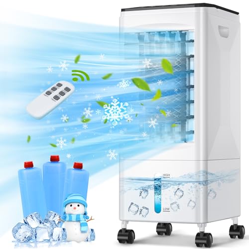 Evaporative Air Cooler, 3-IN-1 Portable Air Conditioner Humidifier Cooling Fan, 3 Speed, 60° Oscillation, Remote Control & 1-7H Timer, 60W Energy Saving Portable Space Cooler for Home Office Dorm