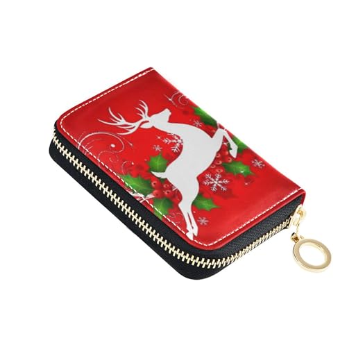 Credit Card Holder RFID Blocking Small Womens Wallet Zip Around Zipper Travel Wallet with Key Ring Red Reindeer Holly Christmas - Main Image